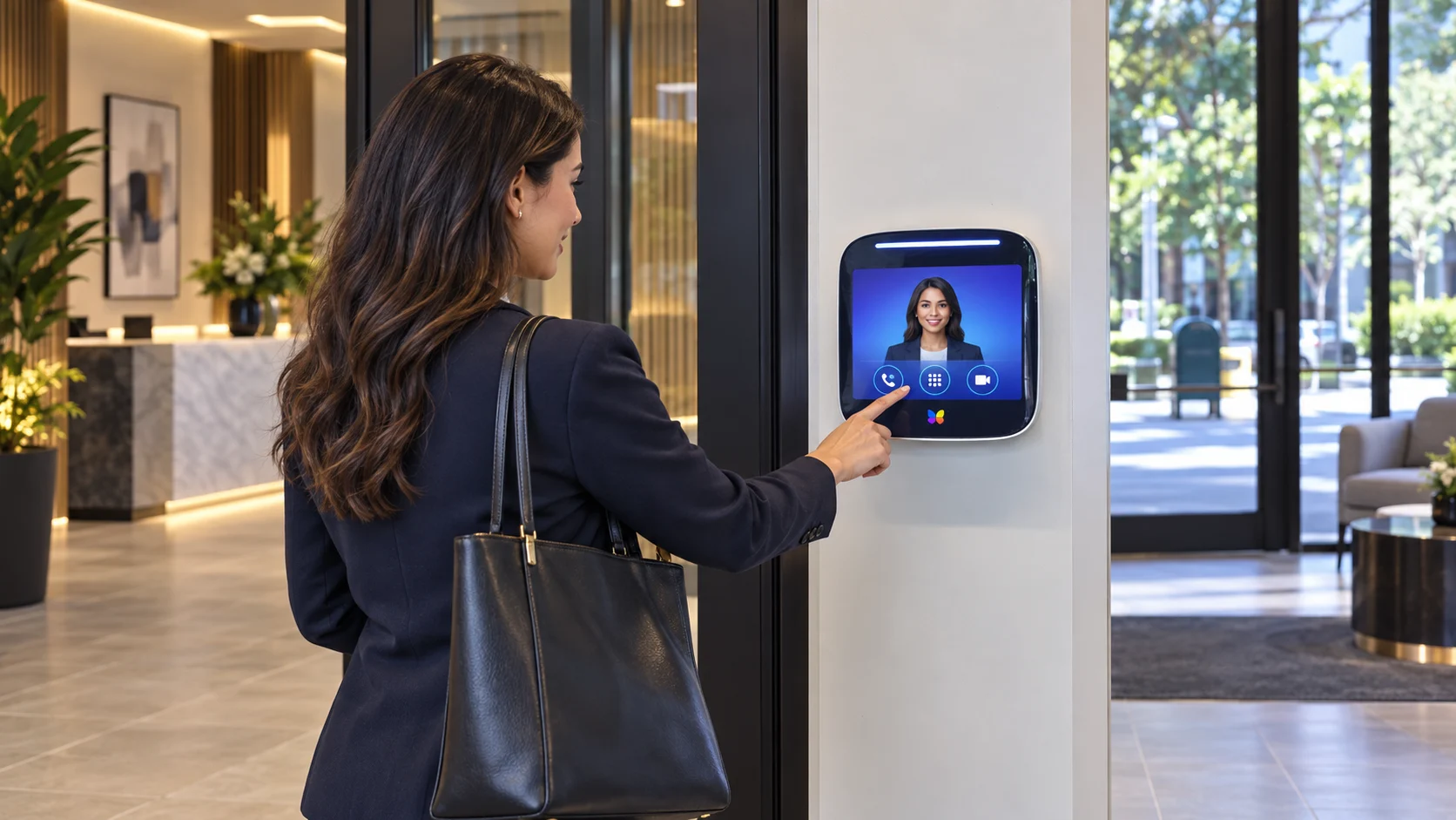 Guest using a 12-inch surface video intercom with an AI virtual concierge