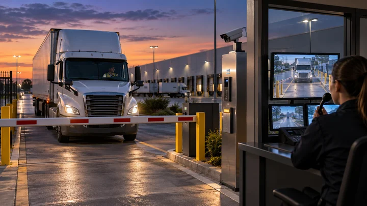 Remote operator verifying a truck at a logistics facility gate