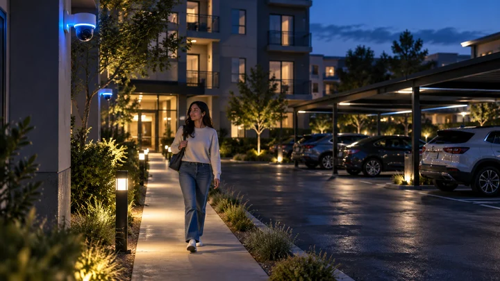 Resident walking through a monitored apartment parking area at night