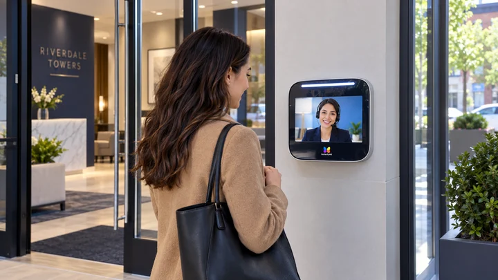 Guest speaking with a remote concierge through a 12-inch surface ButterflyMX intercom