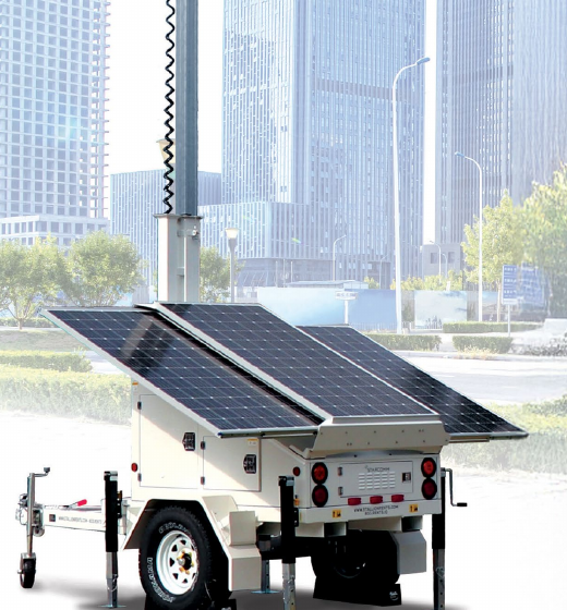 Solar-powered mobile security camera trailer with elevated mast